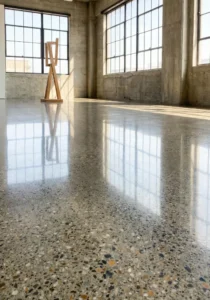 A newly polished concrete floor in a warehouse